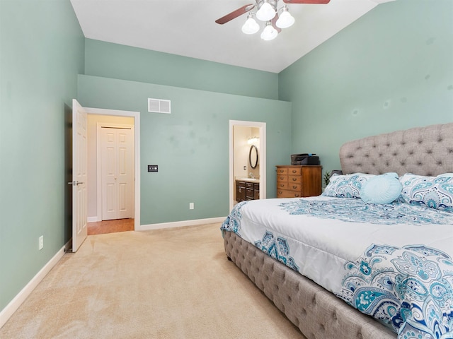 bedroom featuring visible vents, light carpet, vaulted ceiling, ceiling fan, and baseboards