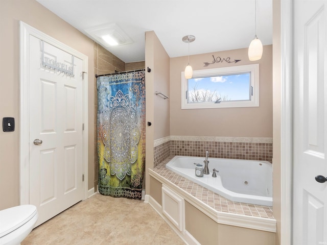 bathroom with a jetted tub, a shower with curtain, tile patterned flooring, and toilet