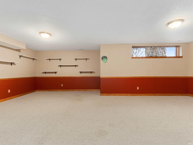 below grade area featuring carpet floors and a textured ceiling