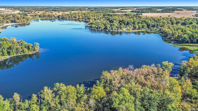 aerial view featuring a forest view and a water view