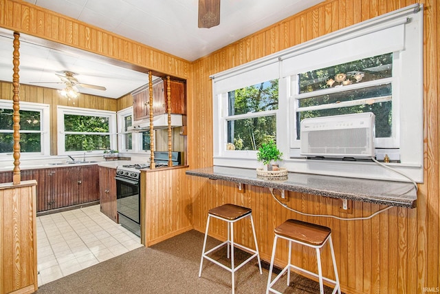 kitchen featuring ceiling fan, wooden walls, a sink, range hood, and gas stove