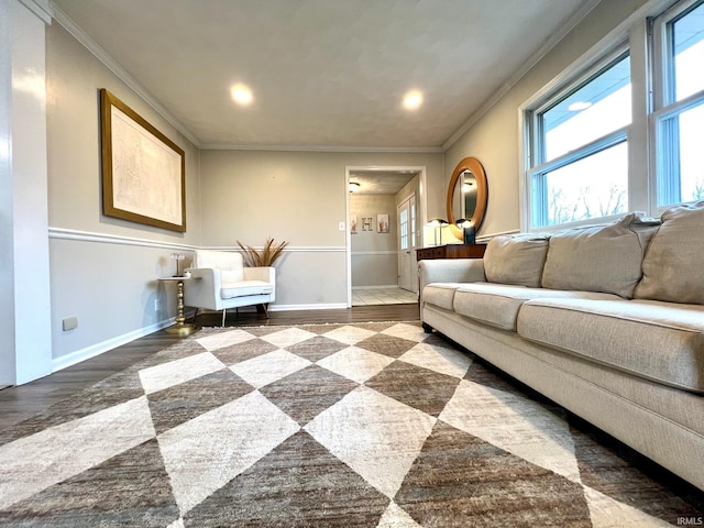 living room with ornamental molding, baseboards, and wood finished floors