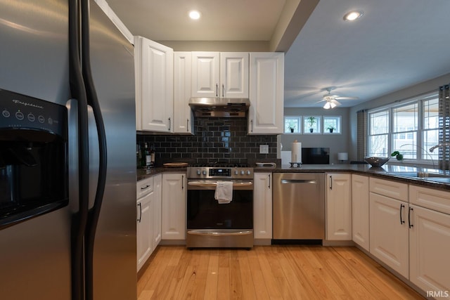 kitchen with under cabinet range hood, stainless steel appliances, a sink, white cabinetry, and light wood finished floors