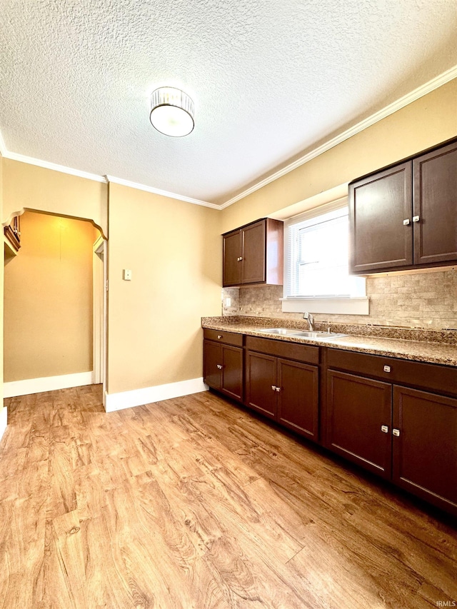 kitchen with light wood finished floors, a sink, and crown molding