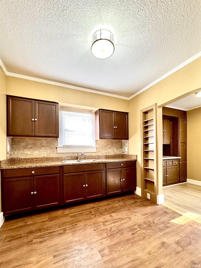 kitchen featuring a sink, light countertops, light wood-type flooring, decorative backsplash, and crown molding