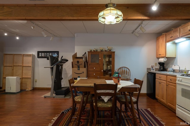 dining room featuring track lighting, dark wood finished floors, and baseboards