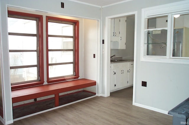 mudroom with light wood finished floors, a sink, and baseboards