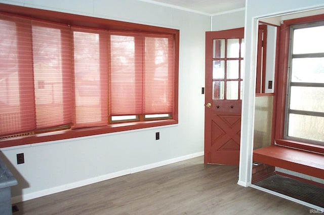 foyer entrance with baseboards, ornamental molding, wood finished floors, and a healthy amount of sunlight