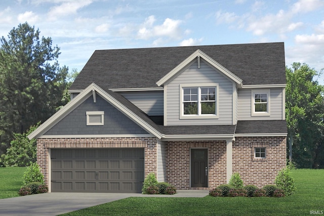 view of front of home featuring an attached garage, brick siding, driveway, and a front lawn