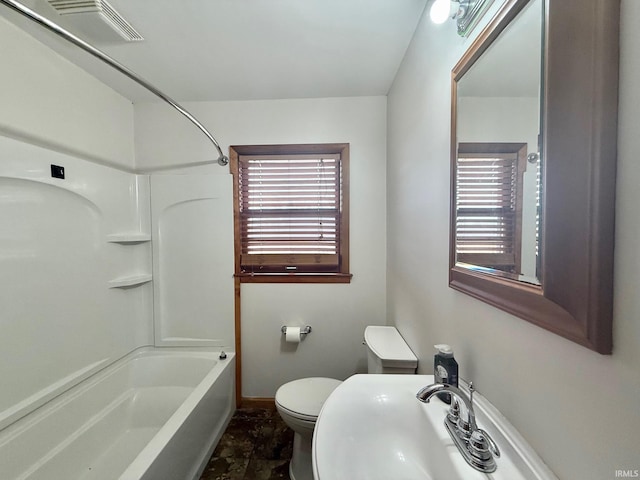 bathroom with a healthy amount of sunlight, a sink, visible vents, and toilet