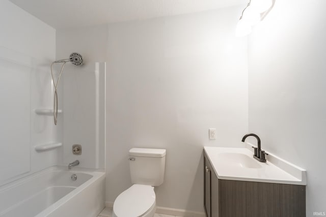 full bath with toilet, bathing tub / shower combination, baseboards, and vanity