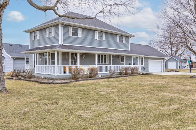 farmhouse inspired home featuring a porch, a front lawn, and an attached garage