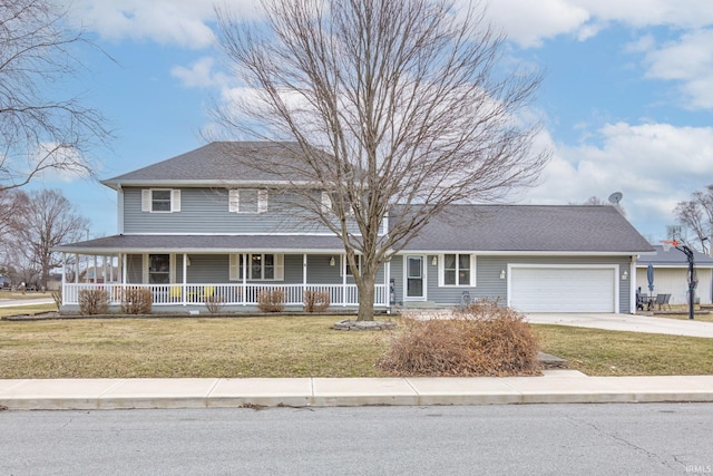 view of front facade featuring driveway, a porch, roof with shingles, an attached garage, and a front lawn