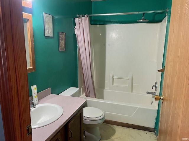 full bathroom with toilet, shower / bathtub combination with curtain, and vanity