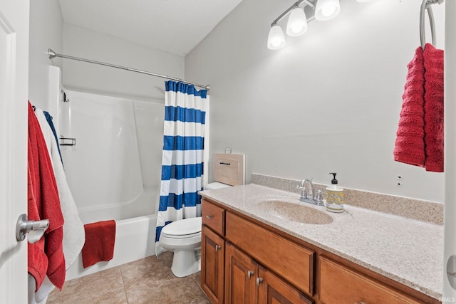 full bath featuring shower / bath combo with shower curtain, vanity, toilet, and tile patterned floors