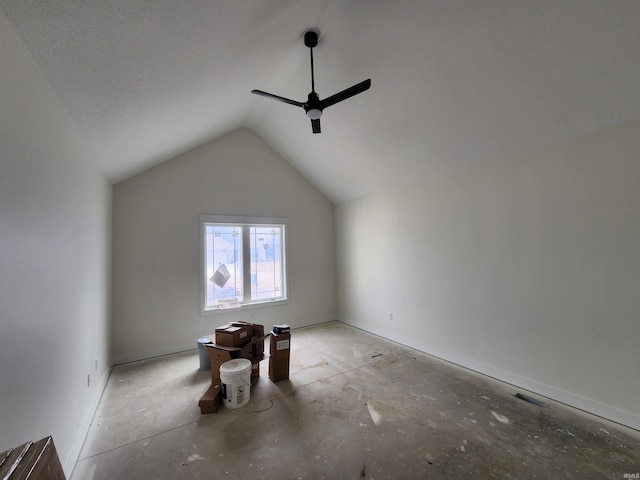 additional living space featuring vaulted ceiling, ceiling fan, and visible vents