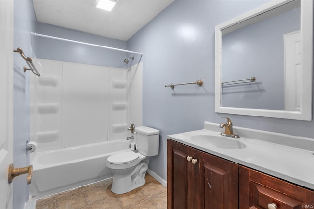 bathroom with washtub / shower combination, vanity, and toilet