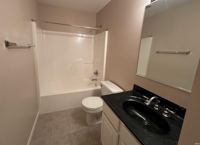 full bath with shower / bathtub combination, tile patterned flooring, toilet, vanity, and baseboards