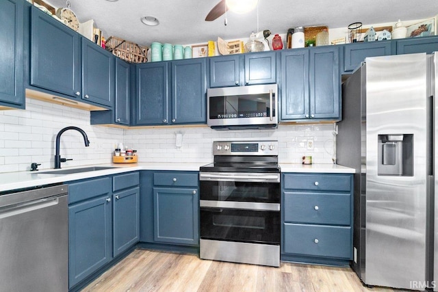 kitchen featuring a sink, blue cabinets, and stainless steel appliances