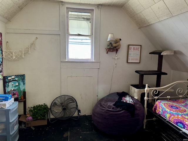 bedroom featuring lofted ceiling