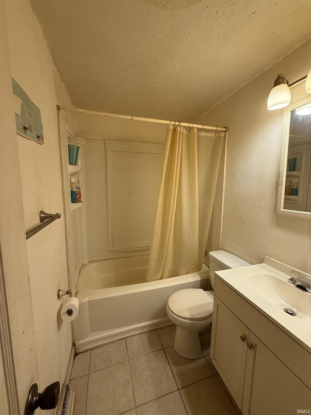 full bath featuring shower / bathtub combination with curtain, toilet, vanity, a textured ceiling, and tile patterned floors