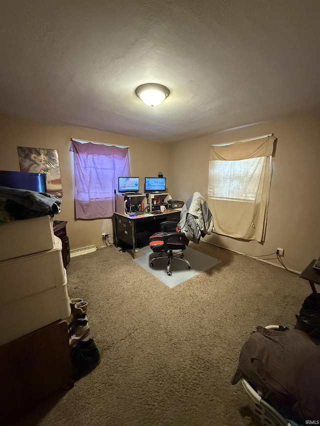 home office with carpet and a textured ceiling