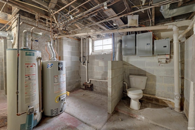 basement featuring electric panel and water heater