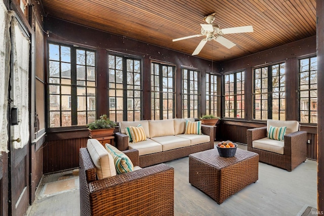 sunroom / solarium featuring ceiling fan, wooden ceiling, and a healthy amount of sunlight