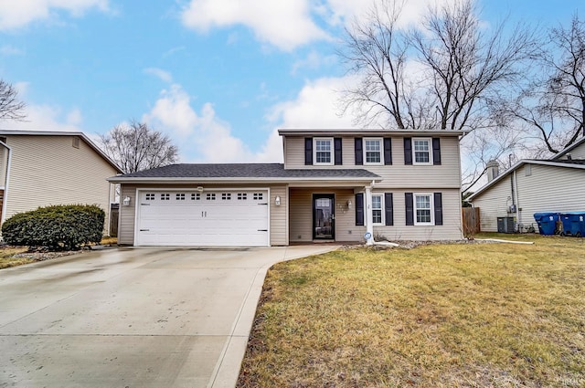 view of front of property with a front yard, driveway, an attached garage, and central air condition unit