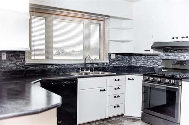 kitchen featuring under cabinet range hood, a sink, white cabinetry, stainless steel range with gas cooktop, and dishwasher