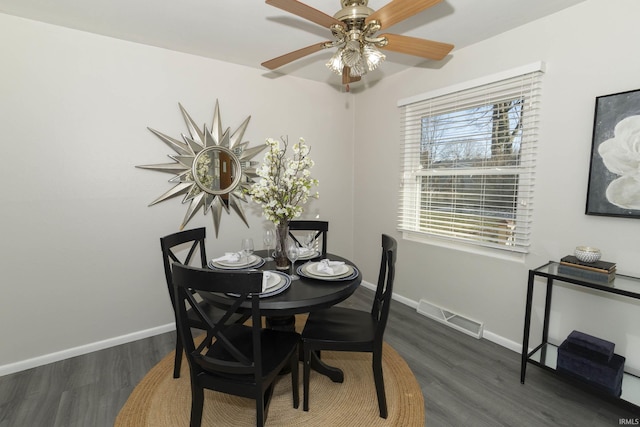 dining room featuring visible vents, baseboards, and wood finished floors