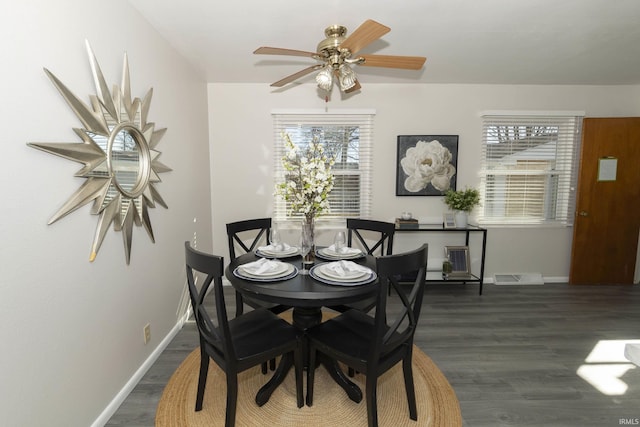 dining room featuring visible vents, dark wood finished floors, and baseboards