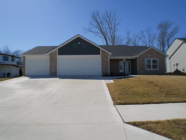 ranch-style house with driveway, stone siding, and an attached garage