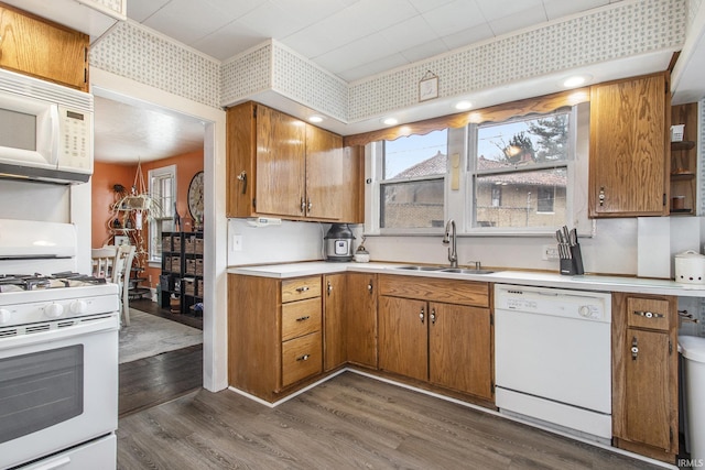 kitchen featuring brown cabinets, dark wood finished floors, light countertops, a sink, and white appliances