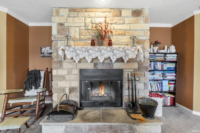 details with a textured ceiling, a stone fireplace, carpet, and crown molding