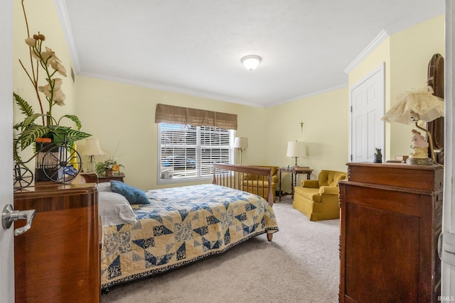 bedroom with carpet flooring and crown molding