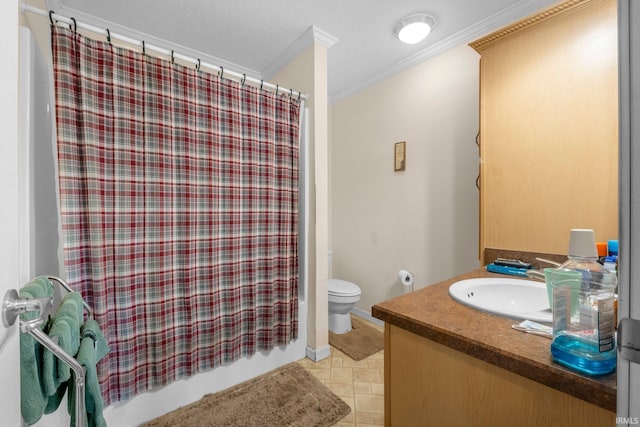 bathroom featuring toilet, vanity, ornamental molding, tile patterned floors, and shower / bath combination with curtain