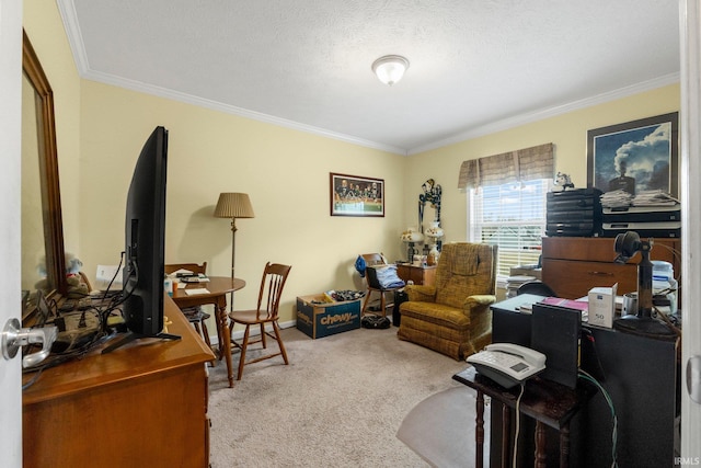 carpeted home office with baseboards, a textured ceiling, and crown molding