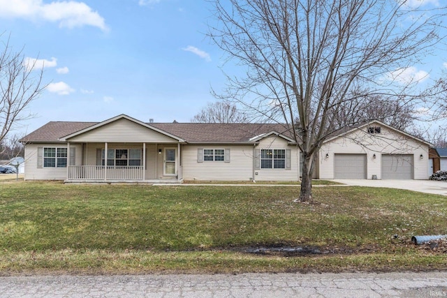 ranch-style home featuring a shingled roof, a front yard, and covered porch