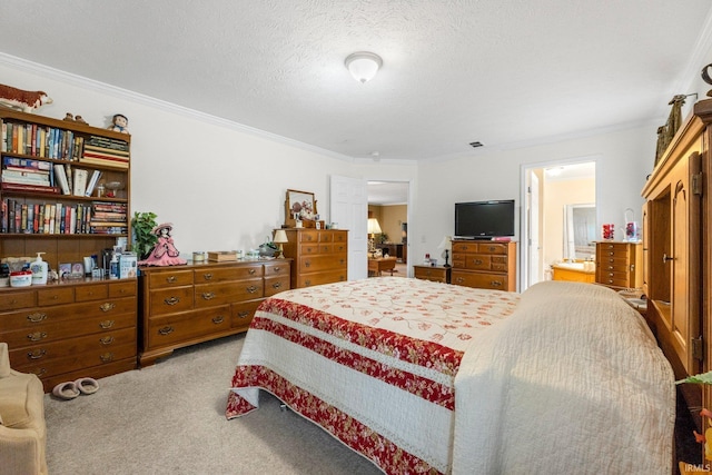 carpeted bedroom featuring a textured ceiling, ensuite bath, visible vents, and crown molding