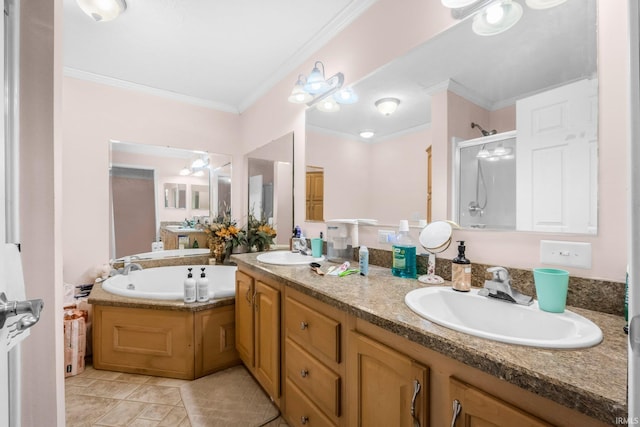 full bath featuring ornamental molding, a stall shower, a garden tub, and a sink