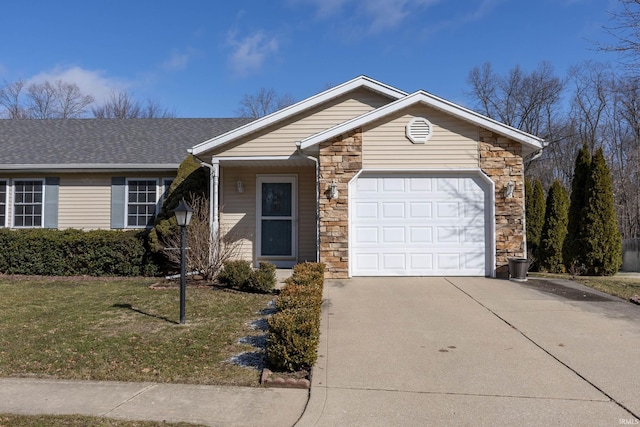 single story home featuring roof with shingles, a front yard, a garage, stone siding, and driveway