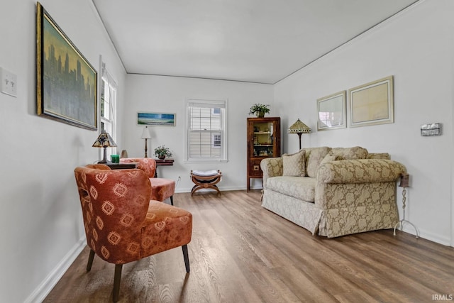 sitting room with baseboards and wood finished floors