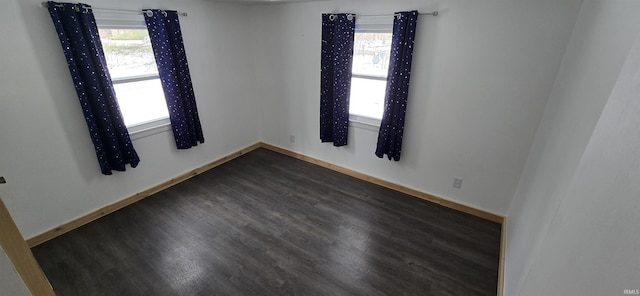 empty room featuring dark wood-style flooring and baseboards