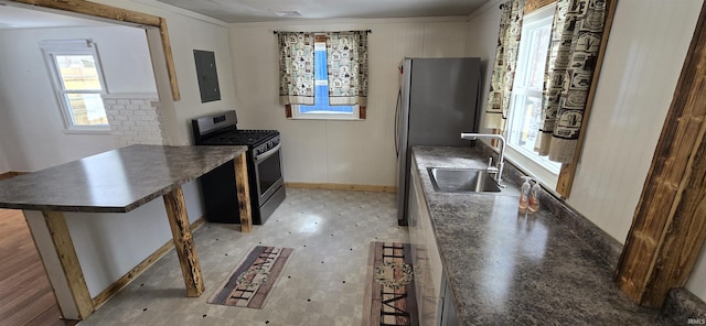 kitchen featuring electric panel, visible vents, a peninsula, stainless steel appliances, and a sink