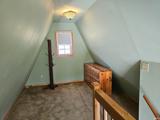 additional living space with lofted ceiling, carpet, and a textured ceiling