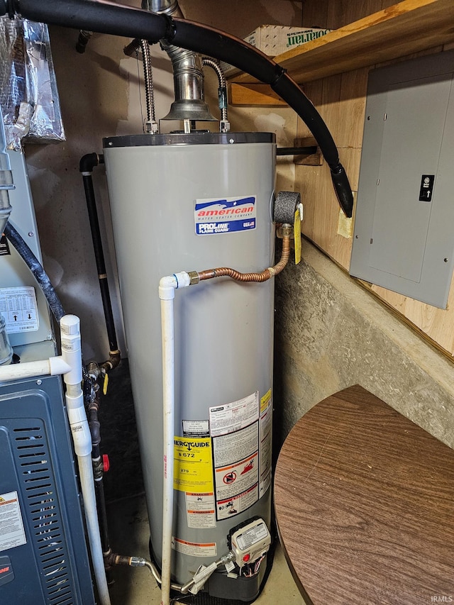 utility room featuring electric panel and water heater