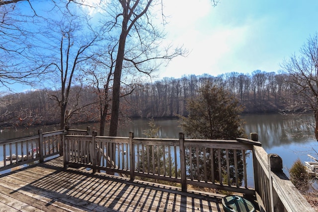 wooden terrace with a water view and a wooded view