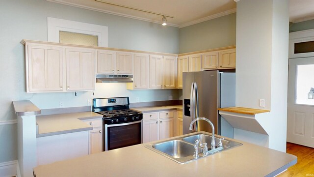 kitchen featuring appliances with stainless steel finishes, light countertops, crown molding, under cabinet range hood, and a sink