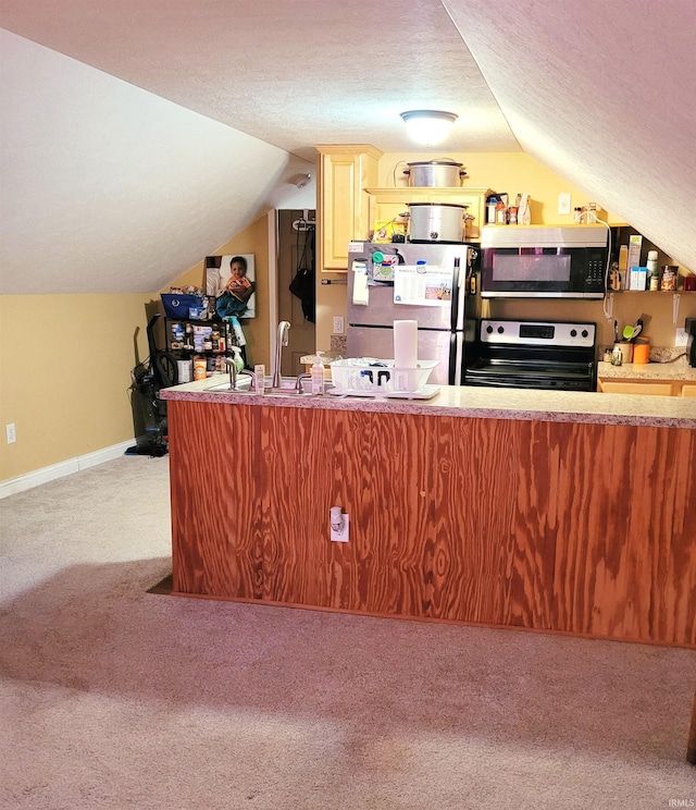 kitchen featuring carpet, stainless steel appliances, lofted ceiling, a sink, and baseboards